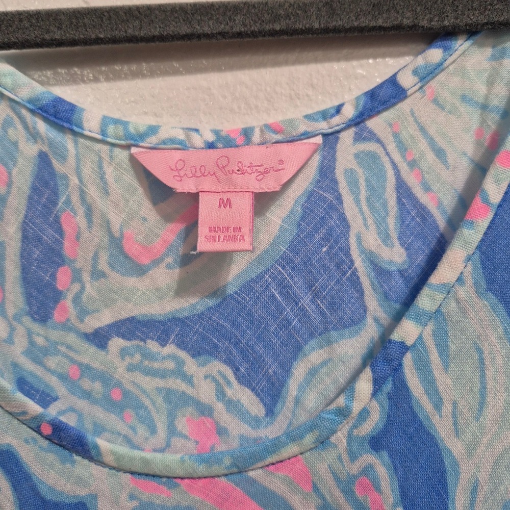 Lilly Pulitzer Blue Pink Sea Shell Starfish 100% Linen Sleeveless Shift Dress M - Picture 3 of 7